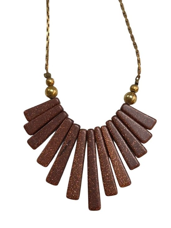 Jewelry - Retro Geometric Fan Necklace – Brown Sparkle Glitter Resin & Gold Beads
